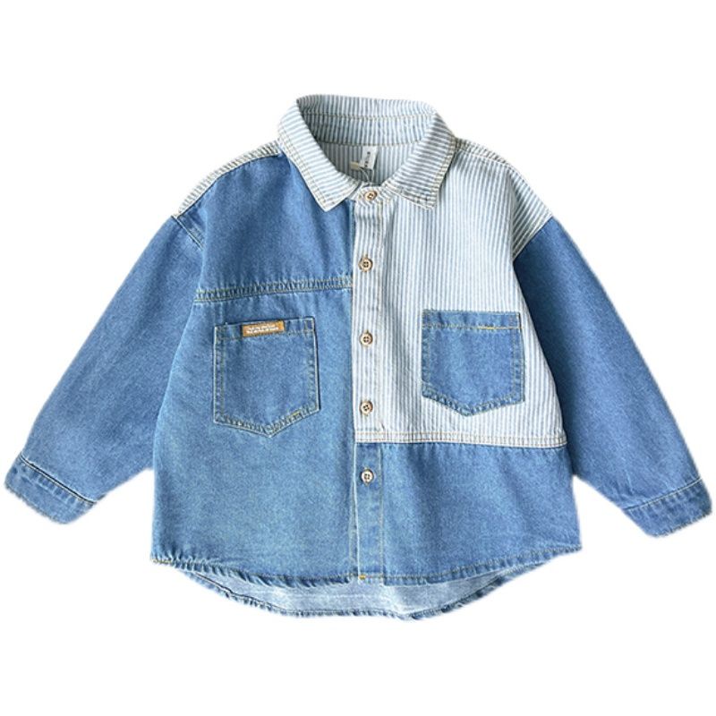 Áo Sơ Mi Denim Mỏng Mềm Phối Màu Tương Phản Cá Tính Cho Bé Trai 6 Tuổi