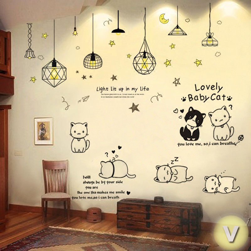 Decal dán tường Mèo xinh và đèn ngôi sao