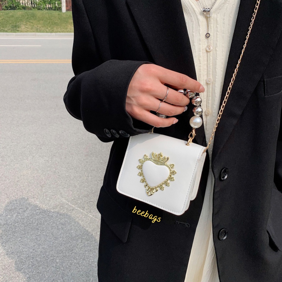 Túi Mini Dây Ngọc Cầm Tay Họa Tiết Trái Tim Vương Miện Sang Chảnh | TX42 | Túi Cầm Tay Kèm Dây Xích Màu Be, Trắng, Đen