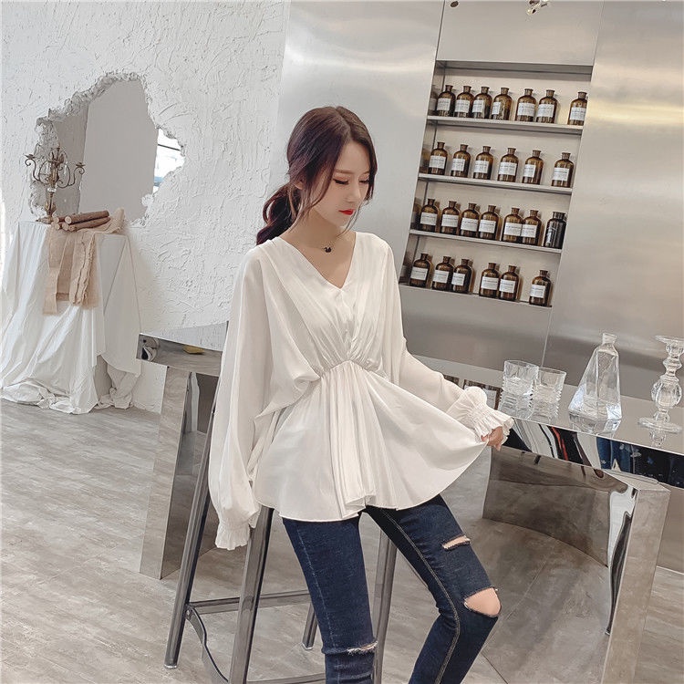 Áo Sơ Mi Nữ Tay Dài Cổ Chữ V Thắt Eo Thời Trang Mới