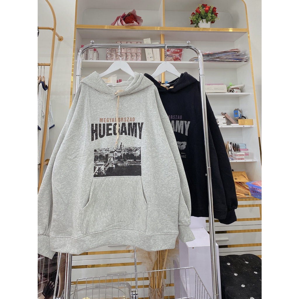 Hoodie Dáng Rộng Mũ 2 Lớp Tay Bồng Nam Nữ Unisex Chữ Huegamy Uzzlang