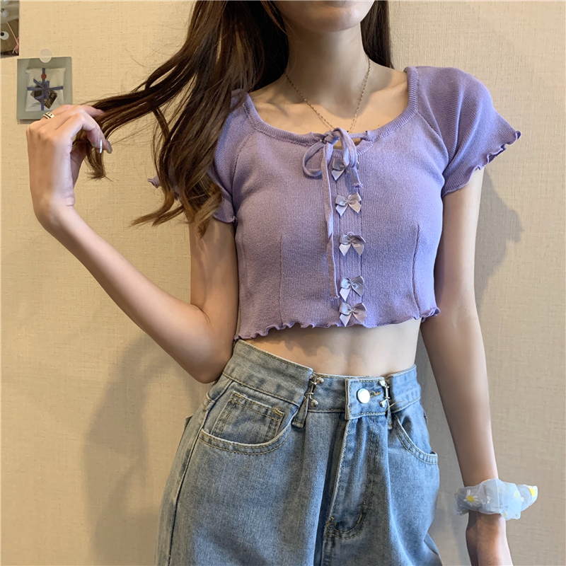 Áo Croptop Dệt Kim Cổ Vuông Màu Trơn Cho Nữ
