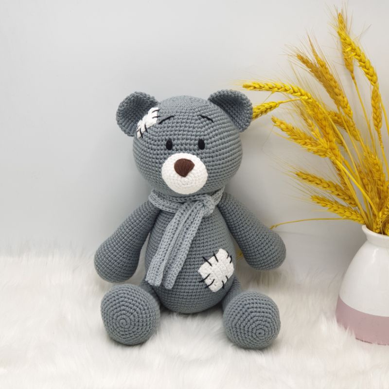 Gấu bông móc len Amigurumi cao cấp Amiu Việt Nam - Gấu vá xanh ghi đá handmade - SP000371