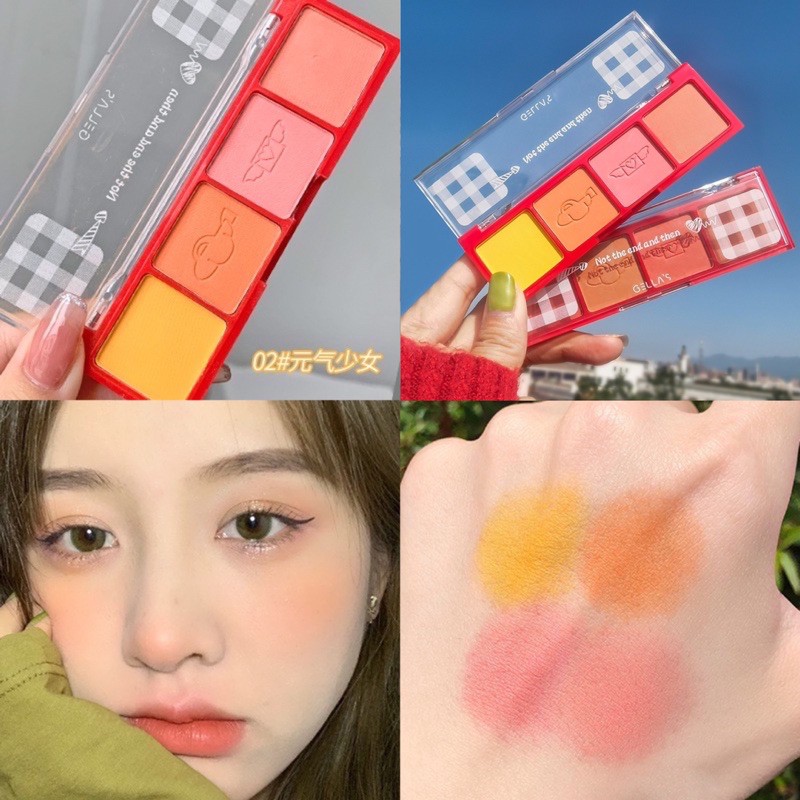 Phấn má hồng 4 ô kẹo ngọt GELLA tone cam hồng xinh xắn dễ makeup, chất phấn siêu mịn