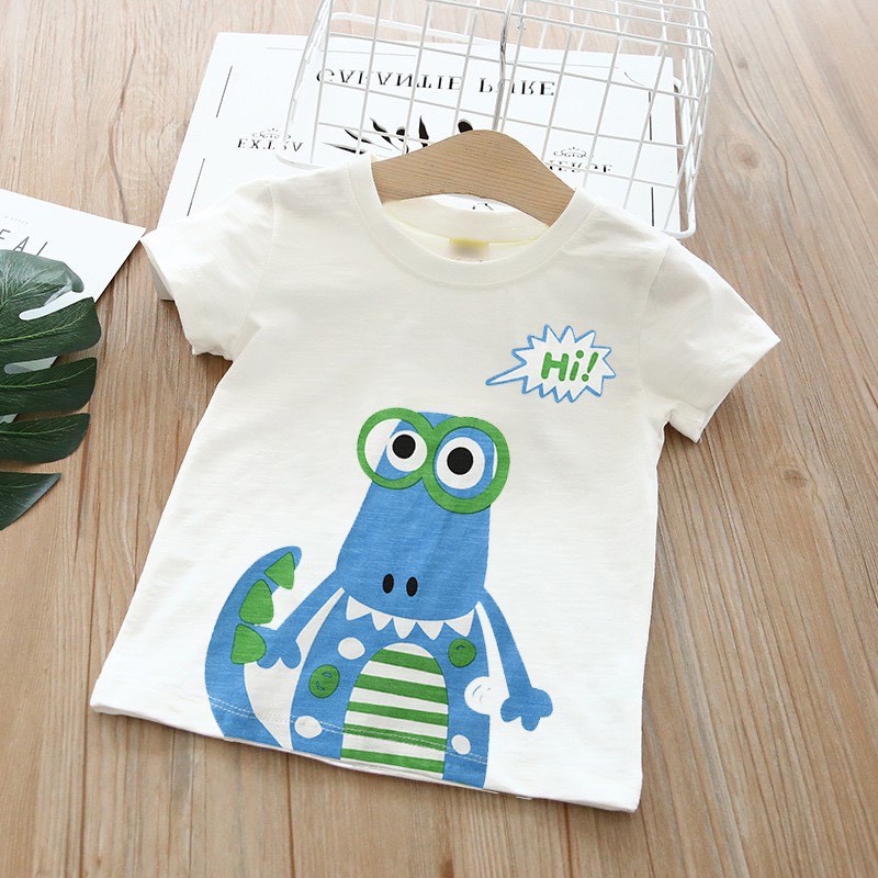 [SALE] Áo Thun Cộc Tay Cho Bé Trai Minky Mom Vải Cotton 100% Trắng Basic Họa Tiết Khủng Long Ô Tô MKMA2110