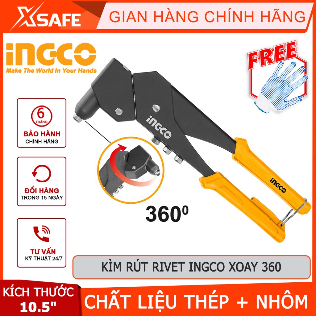 Kềm rút rivet 360° INGCO SHHR106 Kềm bấm rivet kích thước 10.5 inch, dùng rút, gỡ bỏ đinh trong sửa chữa, lắp ráp -XSAFE