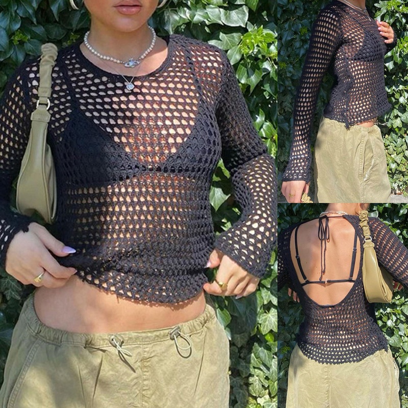 Brroa Áo Croptop Tay Dài Hở Lưng Mặc Ngoài Bikini Đi Biển Quyến Rũ Cho Nữ