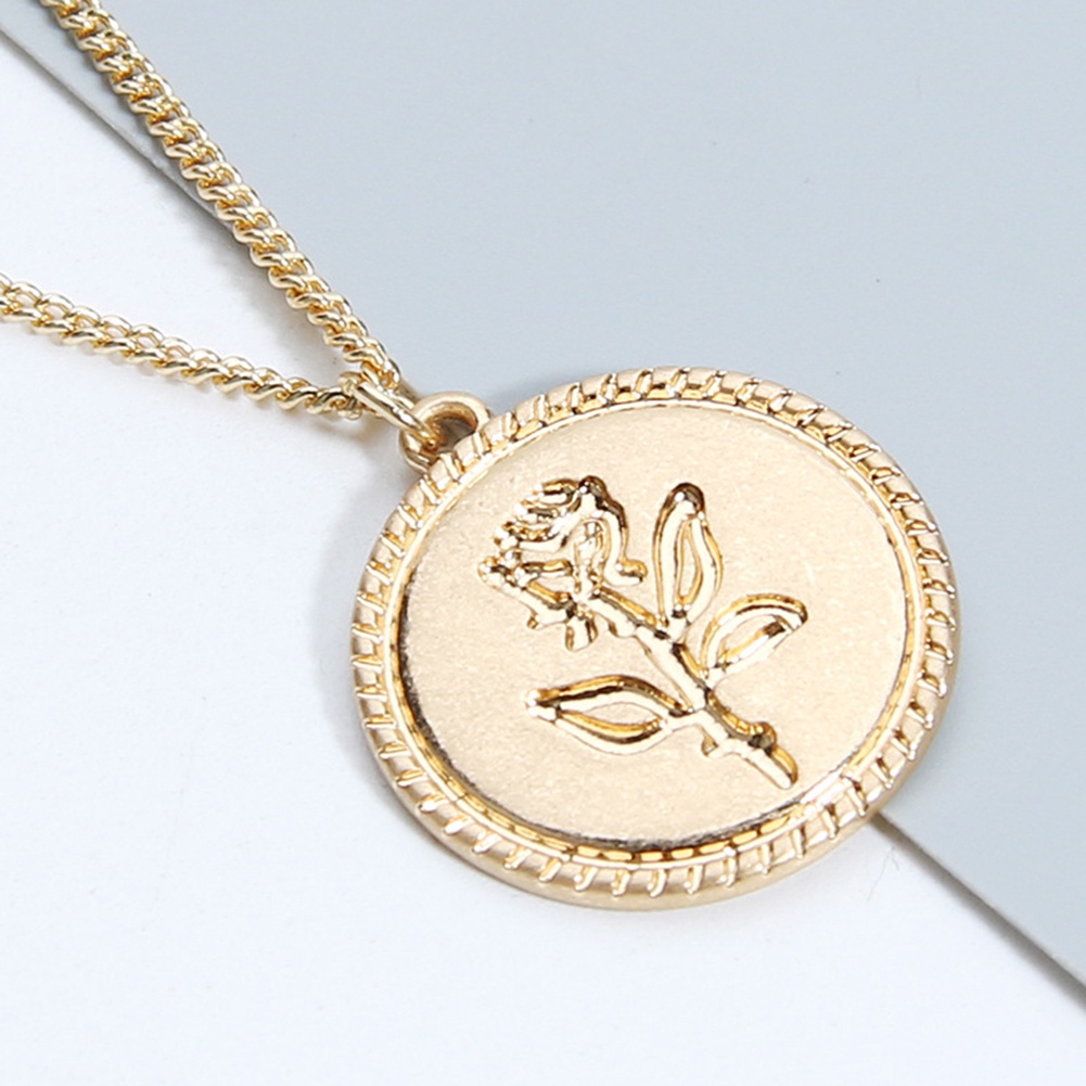 Dây chuyền mặt tròn khắc hình hoa hồng thời trang cổ điển