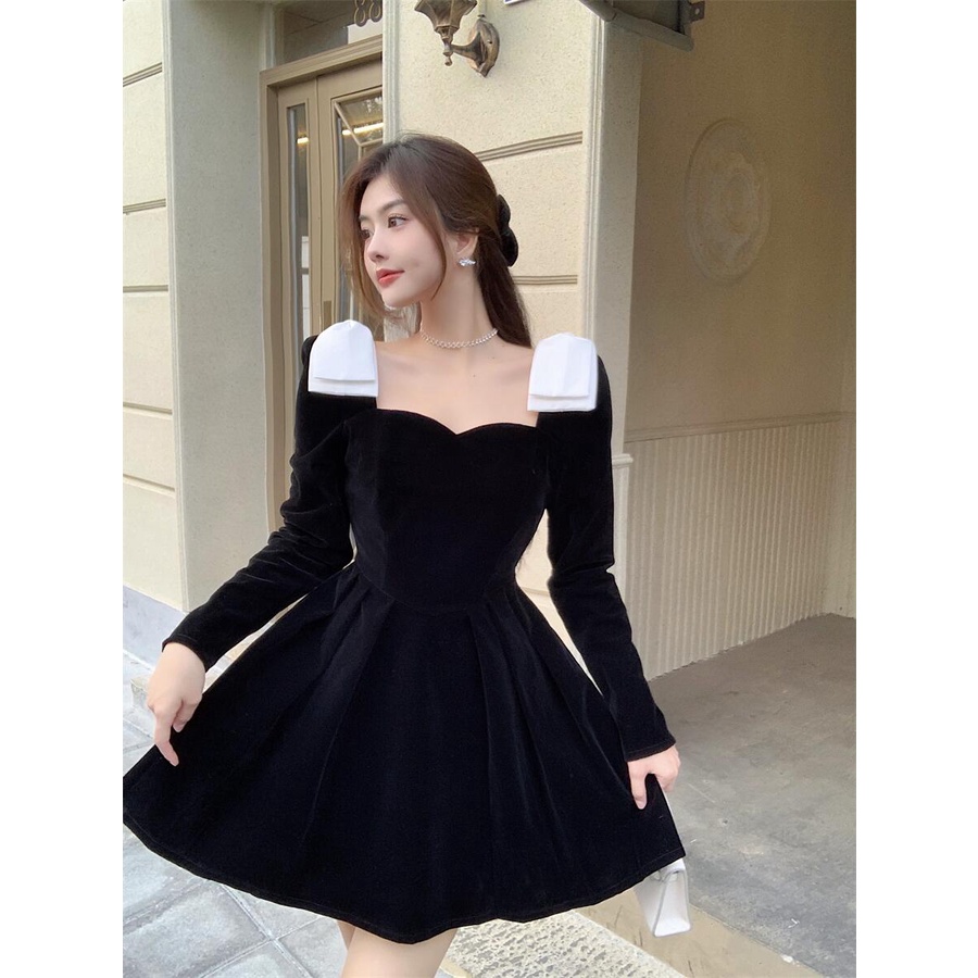 Đầm nhung dáng chữ A hàng Quảng Châu cao cấp đầu xu hướng mùa thu váy ngắn ngọt ngào phong cách tiểu thư