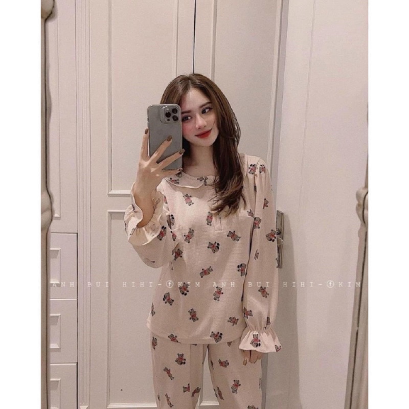 Pijama Mặc Nhà Nữ Đồ Ngủ Mặc Nhà Cho Nữ Trắng Có Viền, Ren Cổ Vuông Dài Tay Xinh Xắn Tiểu Thư | BigBuy360 - bigbuy360.vn