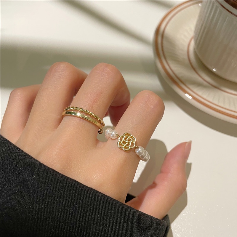 Set 3 nhẫn mạ vàng đính ngọc trai nhân tạo thời trang cho nữ