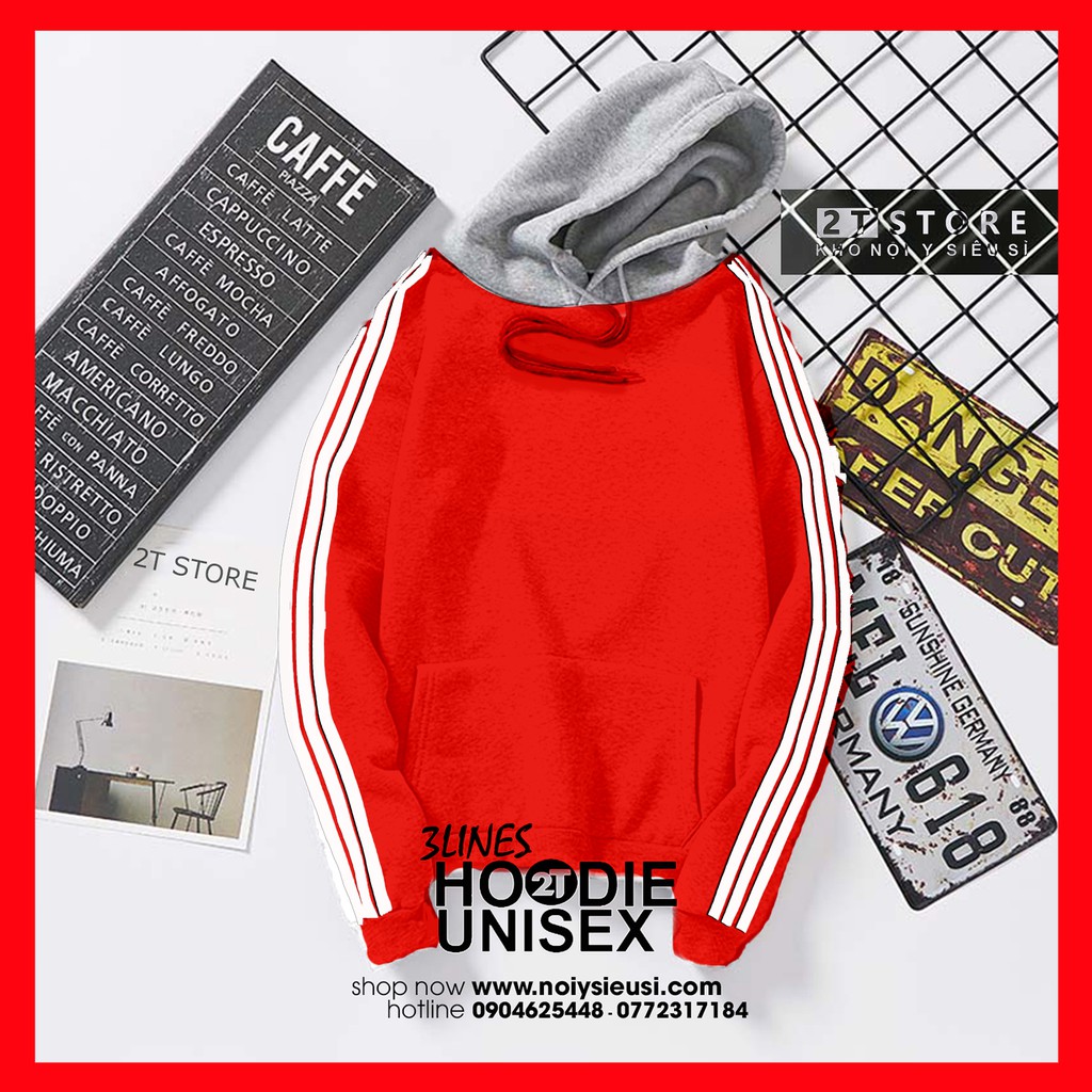 Áo Hoodie 3Lines nón xám unisex 2T Store H3L02 màu đỏ - Áo khoác nỉ chui đầu 3 sọc nón may 2 lớp dày dặn chất lượng | BigBuy360 - bigbuy360.vn