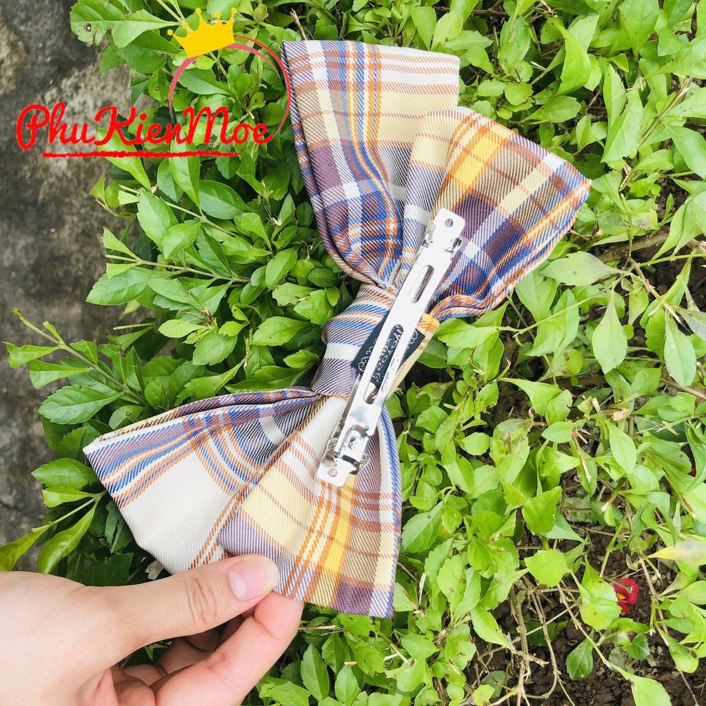 Kẹp tóc tiểu thư hình chiếc nơ kẻ nâu nhẹ nhàng nữ tính handmade