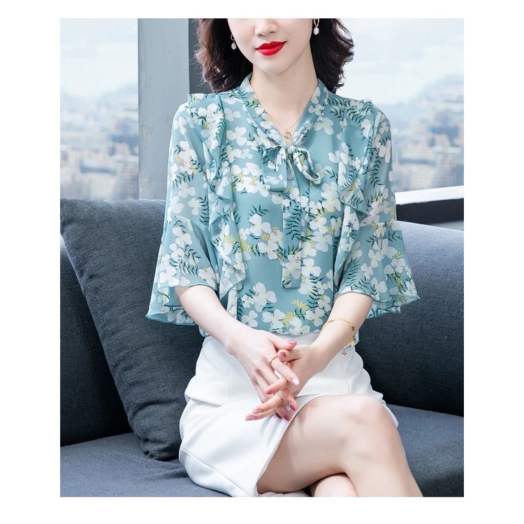 Áo Sơ Mi Chiffon Tay Ngắn Phối Ren Thời Trang Cho Nữ