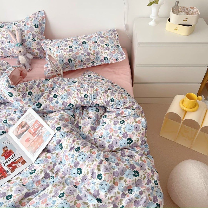 Bộ Drap &amp; Chăn Phao Cotton Poly Hoa Ngũ Sắc