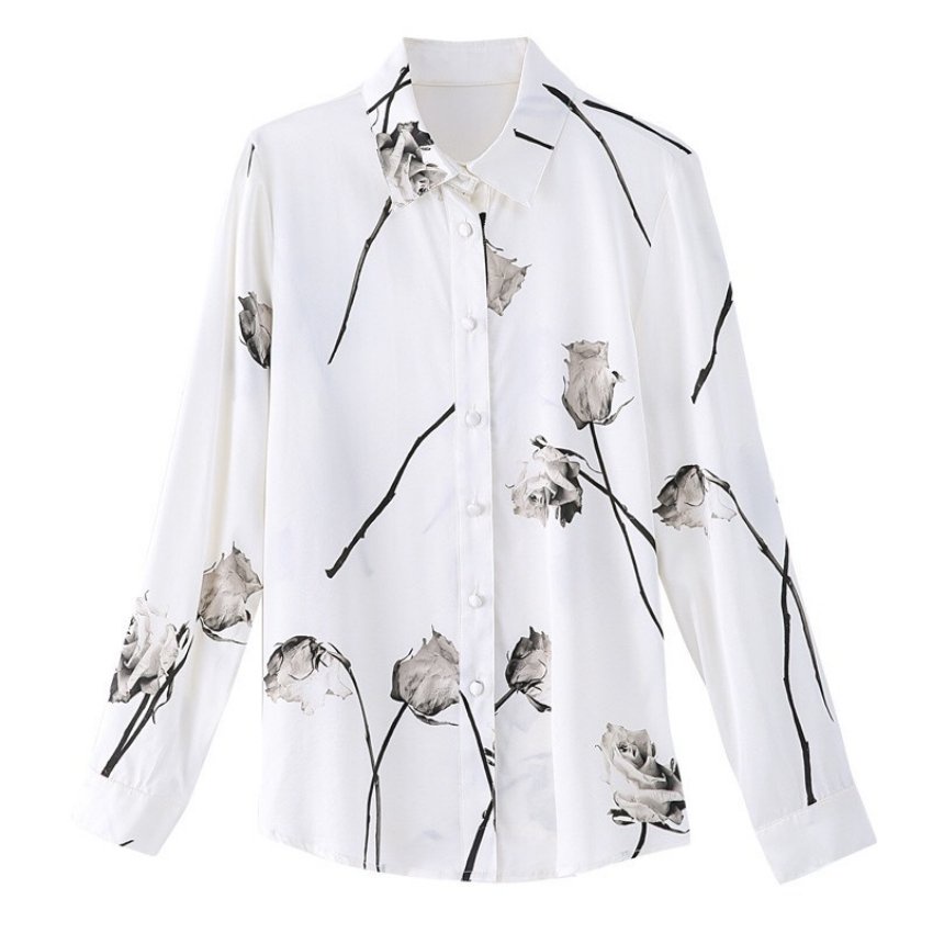 Áo Sơ Mi Công Sở Nữ Dài Tay Phối Họa Tiết Hoa Hồng Chất Liệu Cao Cấp Mềm Mịn Thoáng Mát