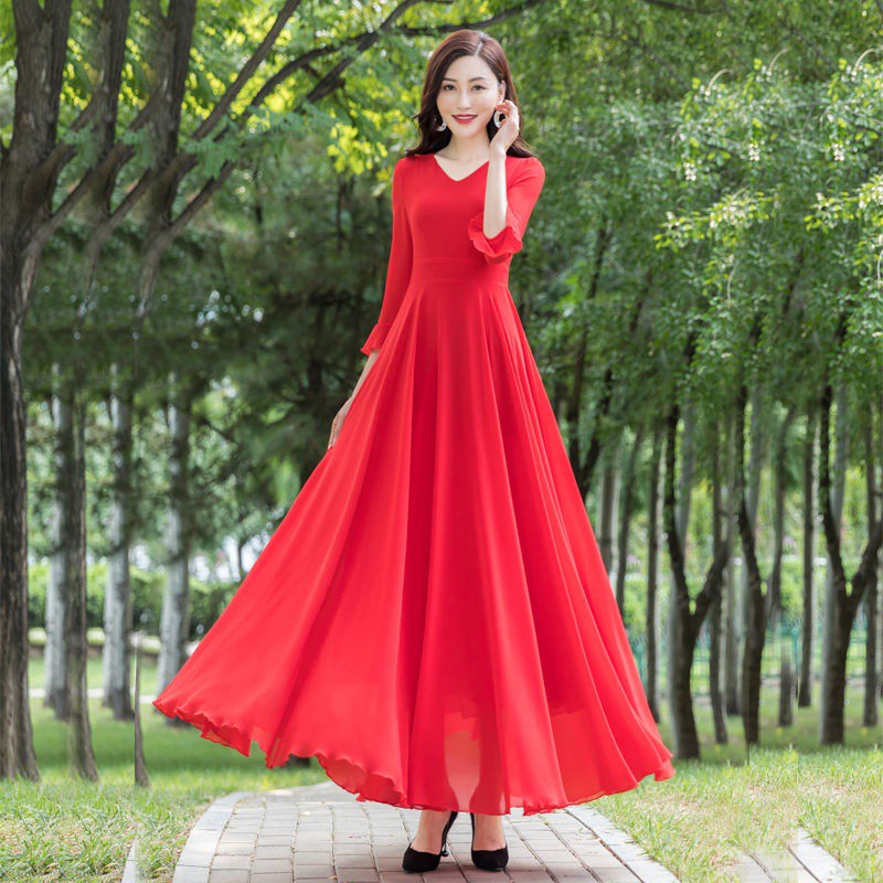 2021Summer New Chiffon Large Swing Dress Women's Elegant Slim-Fit Super Long Dress Seaside Holiday Beach Dress