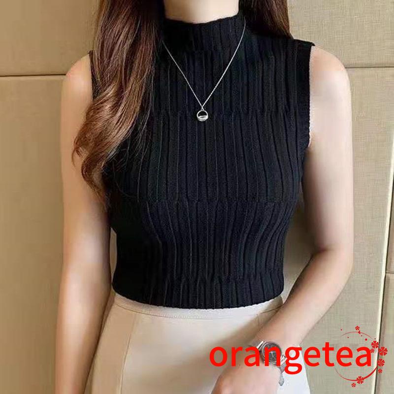 Áo dệt kim cộc tay cao cổ màu sắc đơn giản thời trang mùa hè cho nữ