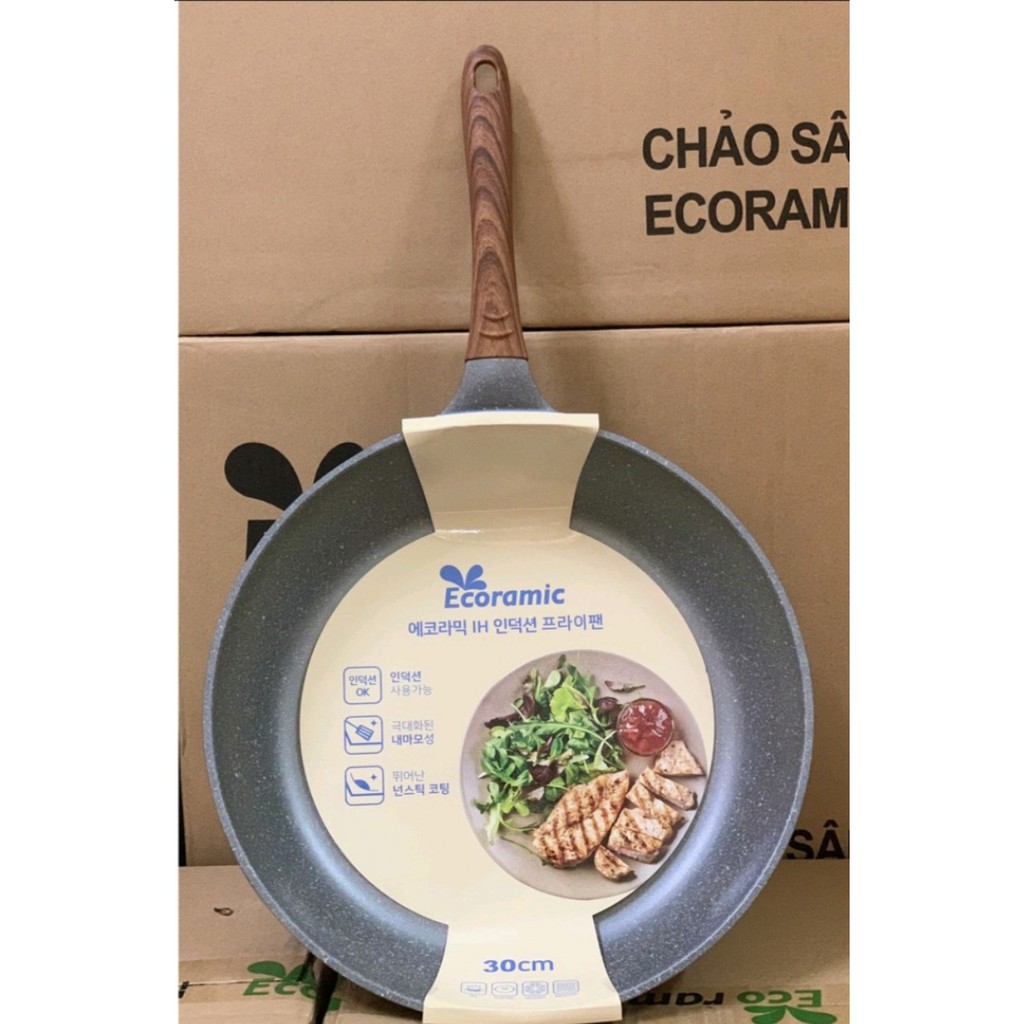 Chảo Chống Dính Lòng Cạn Vân Đá ECORAMIC Hàn Quốc Đáy Từ | Đúc Nguyên Khối | Cam Kết Chính Hãng