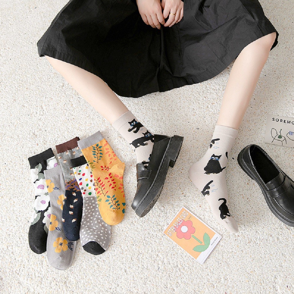 Vớ Cotton Cổ Cao In Họa Tiết Hoa / Mèo Phong Cách Harajuku Cổ Điển Thời Trang Cho Nữ