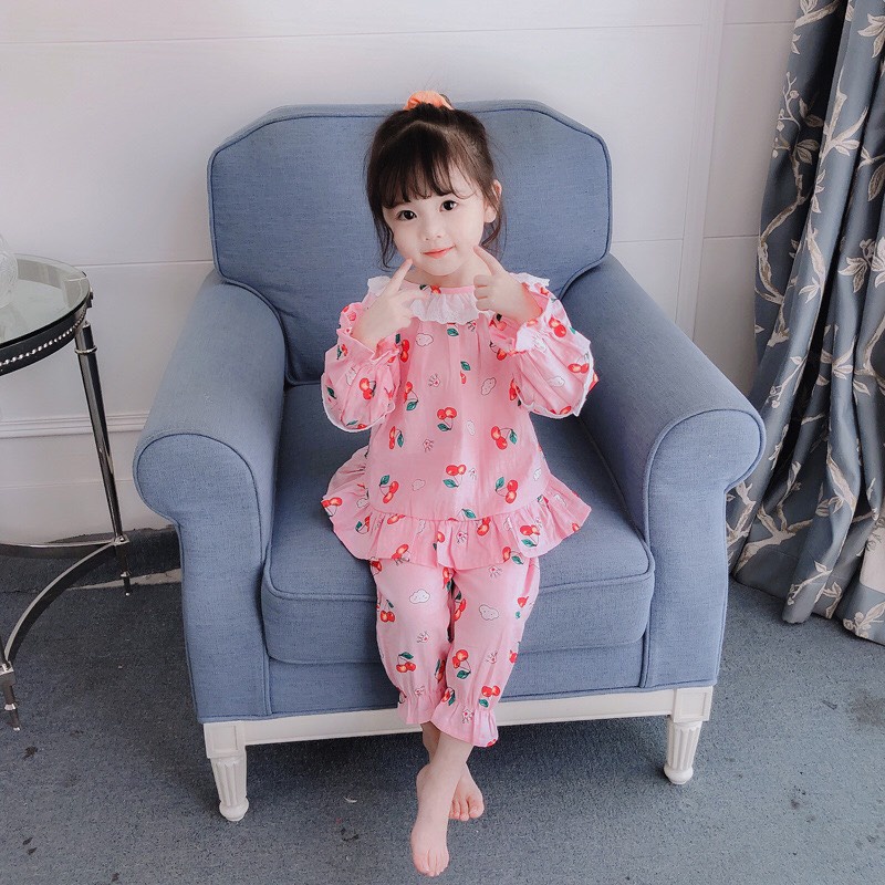 Bộ ngủ dài tay bộ pijama bánh bèo bé gái quả Cherry 2 mầu Hồng và Trắng XHN721