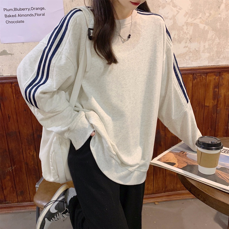Áo sweater SUXI dài tay cổ tròn kẻ sọc thiết kế mới thời trang mùa thu cho nữ