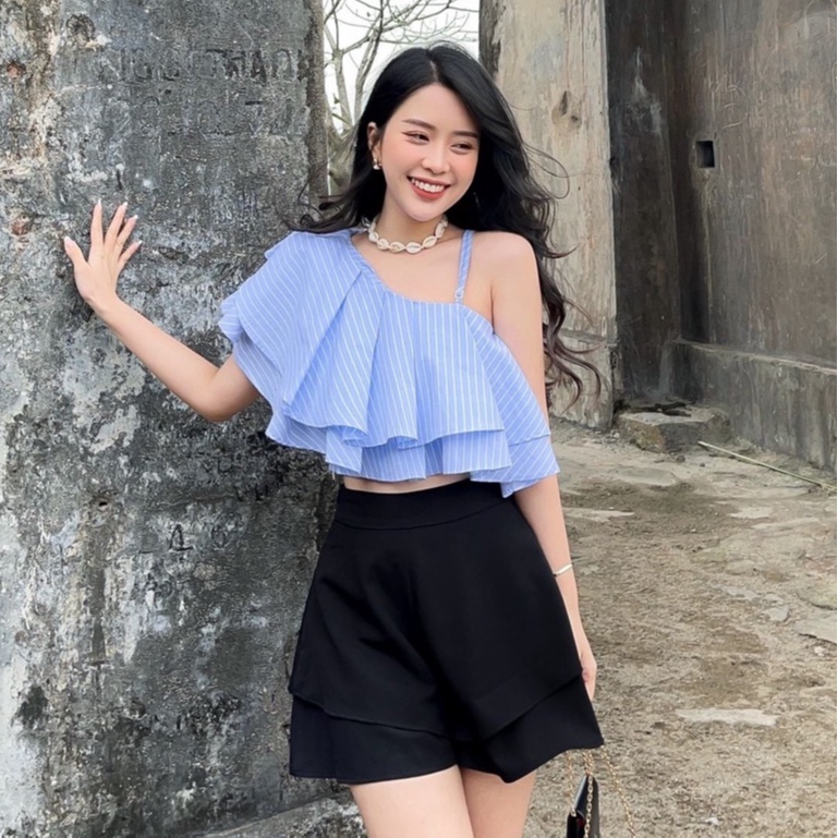 ÁO CROPTOP SỌC LỆCH VAI ZAREEN VOA80 XANH DƯƠNG