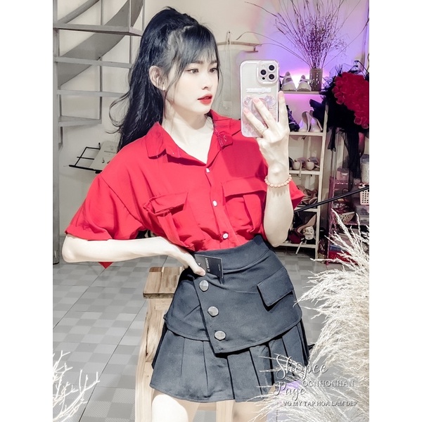 Set áo sơmi túi nắp phối chân váy tầng nút