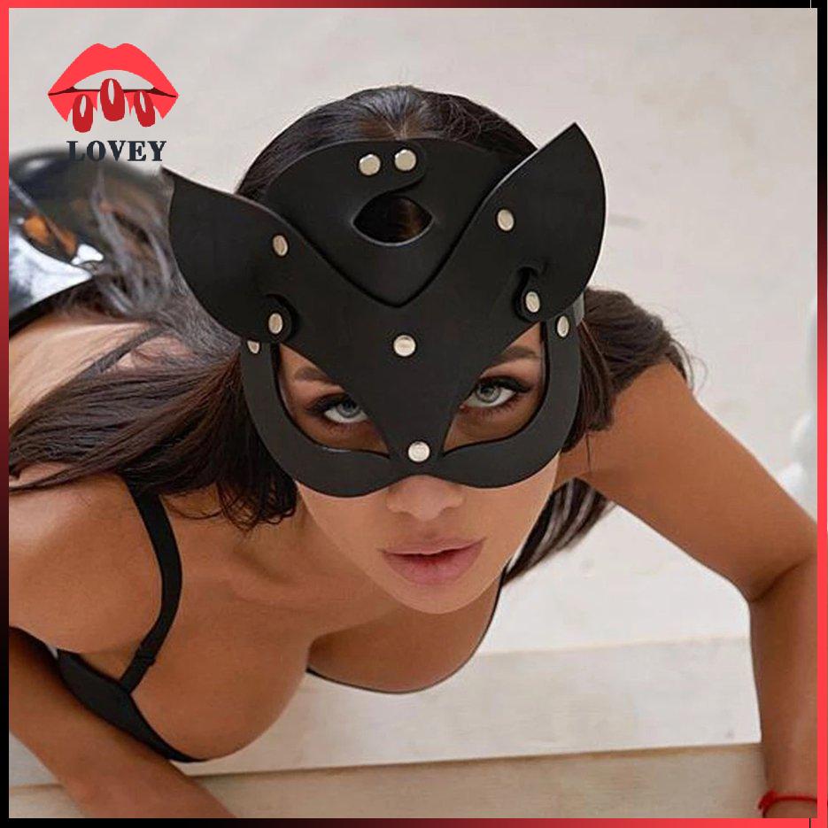 Mặt nạ che nửa mặt hóa trang Halloween hình mèo làm từ da độc đáo