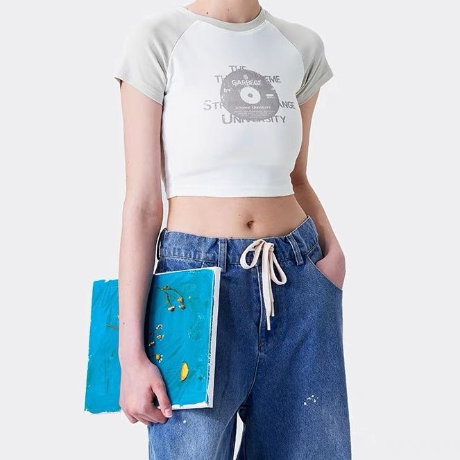 Áo Thun Raglan Nữ Tay Ngắn In Chữ Garbege / 22ss