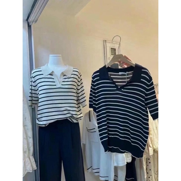 Áo len mongtoghi cổ đức ngắn tay kẻ sọc xinh xắn