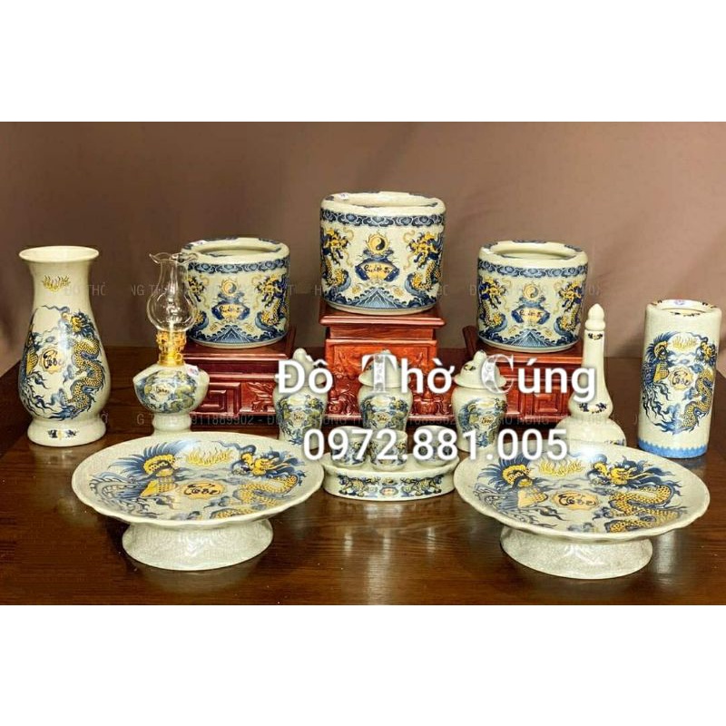 Bộ Đồ Thờ Men Rạn ( rồng vàng viền xanh)