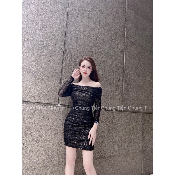 Váy kim sa trễ vai dài tay
