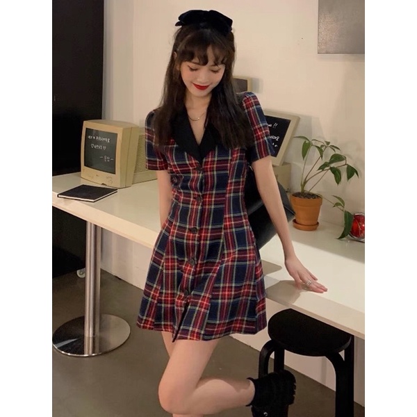 (ORDER TAOBAO) VÁY LIỀN KẺ CỔ VEST SIÊU XINH