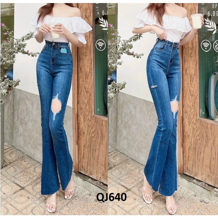 Quần jeans ống pass - loe rách gối ống dài QJ640