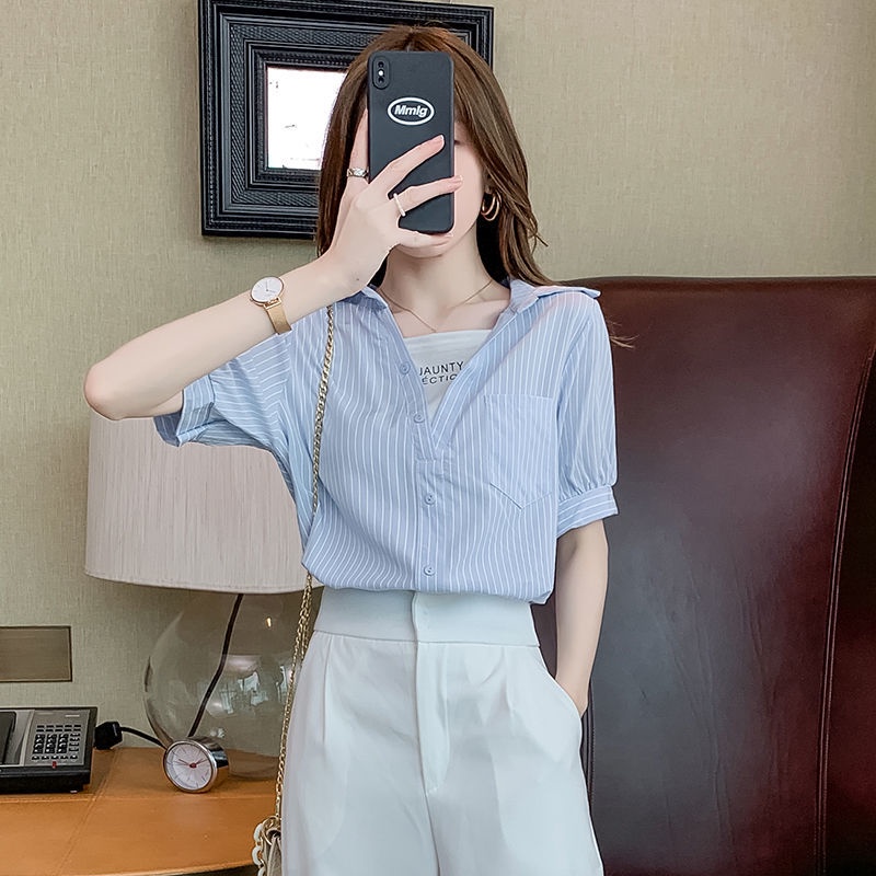 Áo Sơ Mi chiffon Ngắn Tay Cổ Chữ v Họa Tiết Kẻ Sọc Thời Trang Xu Hướng Mùa Hè Mới Cho Nữ