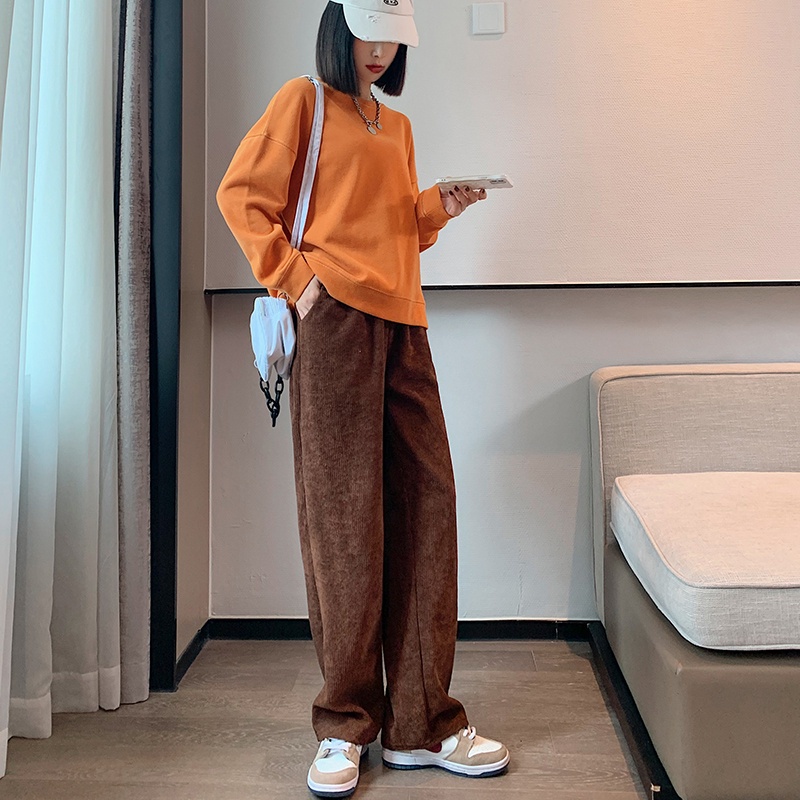 Quần dài ống rộng vải nhung tăm màu trơn phong cách Hàn Quốc retro 4 màu tùy chọn cho nữ hàng loại 1