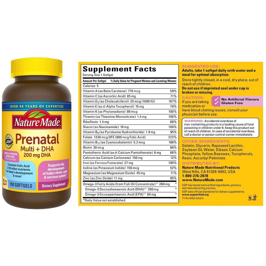 Vitamin Tổng Hợp Cho Bà Bầu Nature Made Prenatal Multi +DHA 150 Viên