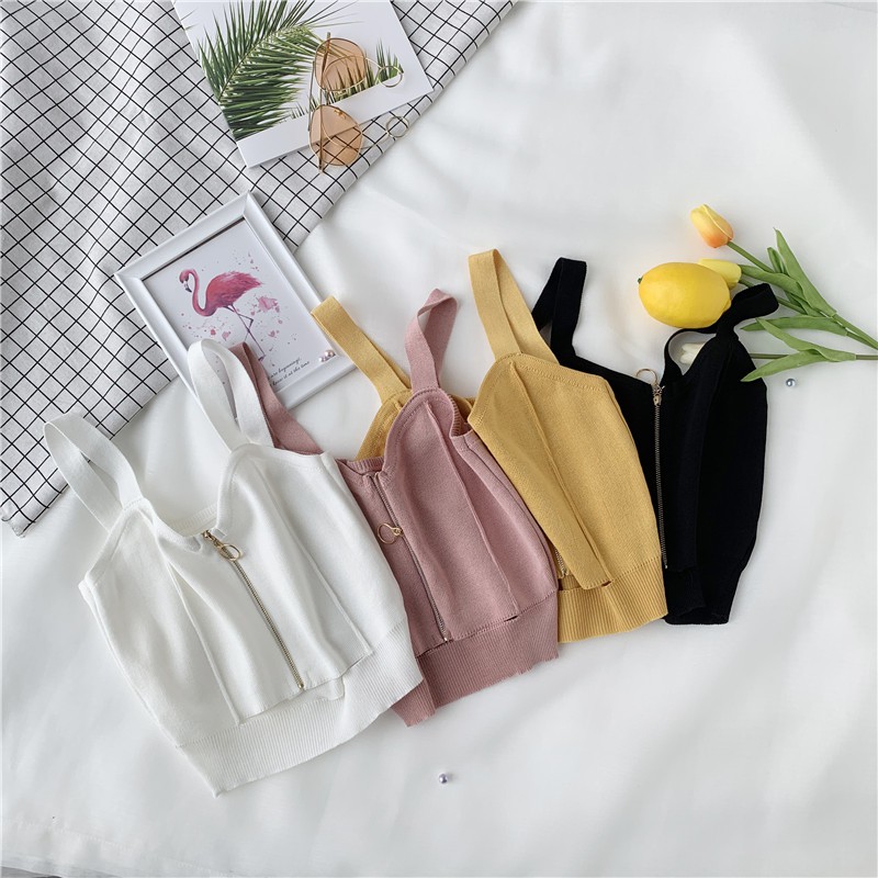 Áo Croptop dệt kim không tay phối khóa kéo