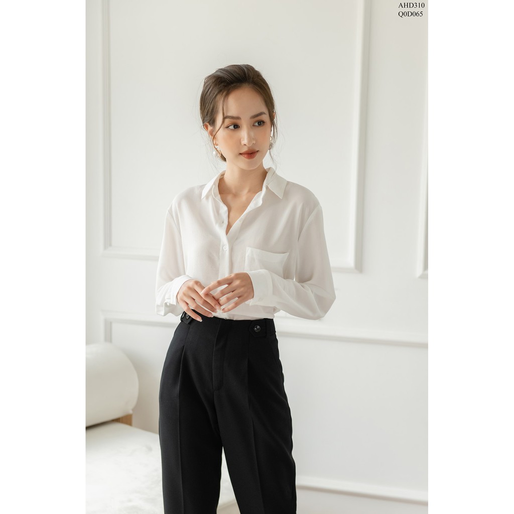 TIIN STORE Sơ mi cổ đức túi ngực tay măng sec vạt tròn AHD310