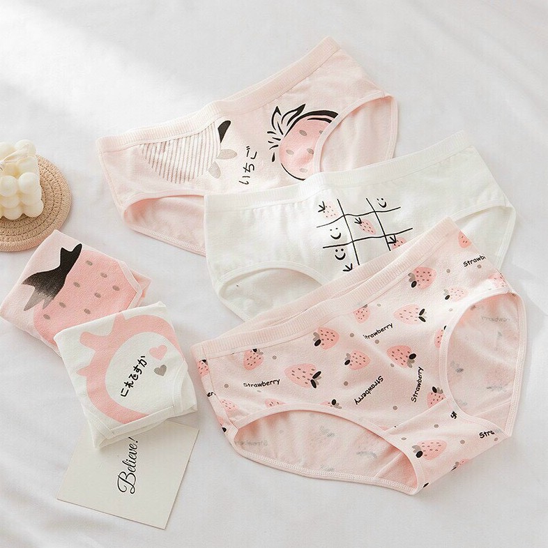 Quần Lót Cotton Nữ Thấm Hút Mồ Hôi, Kháng Khuẩn Họa Tiết Dâu Tây Dễ Thương