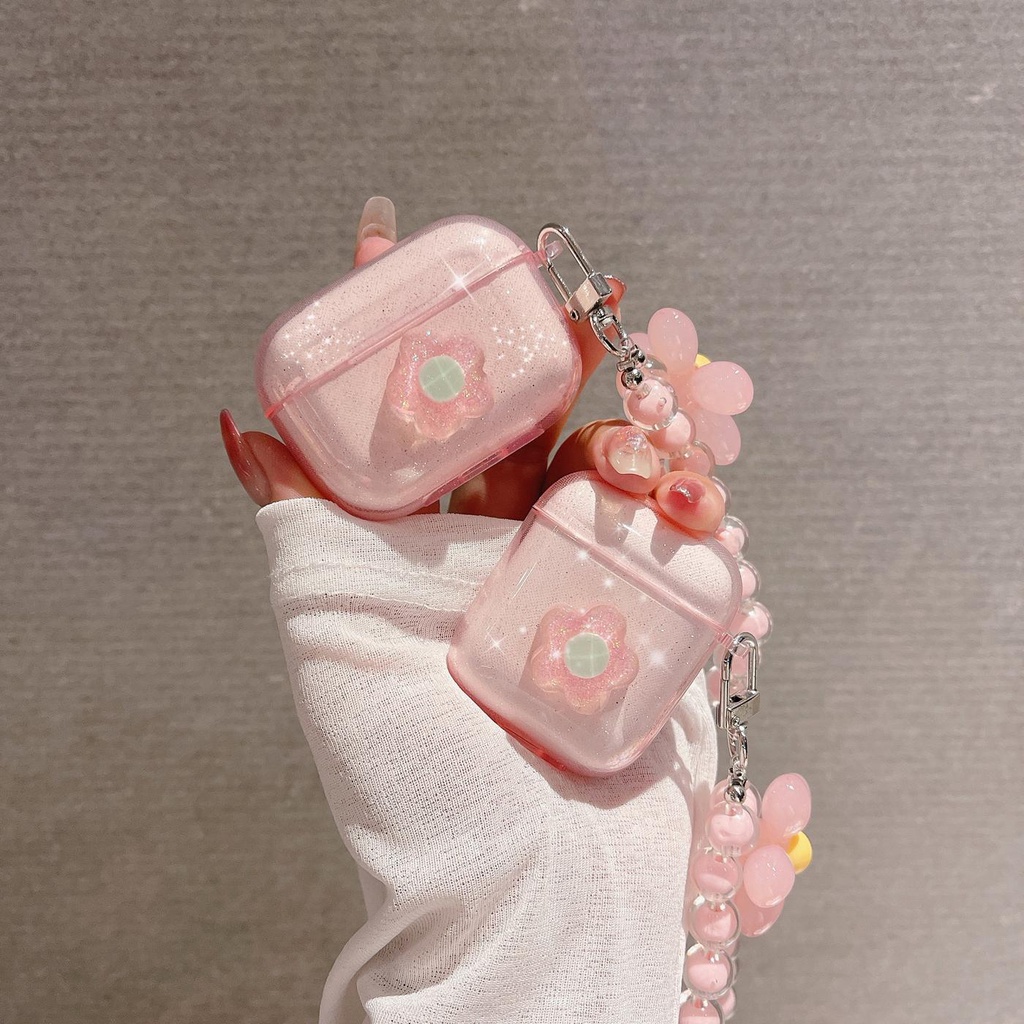 Vỏ Bảo Vệ Hộp Sạc Tai Nghe AirPods 1 2 pro 3 2021 gen3 Bluetooth Không Dây Bằng Silicon Mềm Hình Hoa Lấp Lánh Màu Hồng Dễ Thương