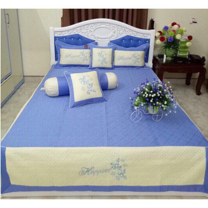 Set chăn ga gối satin 7 món thêu cực đẹp dùng phòng cưới,làm quà tặng biếu sang trọng