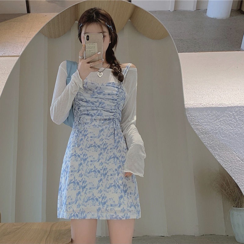 Set đầm hoa hai dây + áo thun tay dài thời trang cho nữ