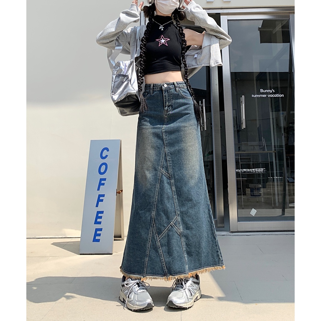 「MOTEL7」 Niche ~ Chân Váy Denim Đuôi Cá Lưng Cao Xẻ Tà Phối Bèo Lá Sen Phong Cách retro Cho Nữ