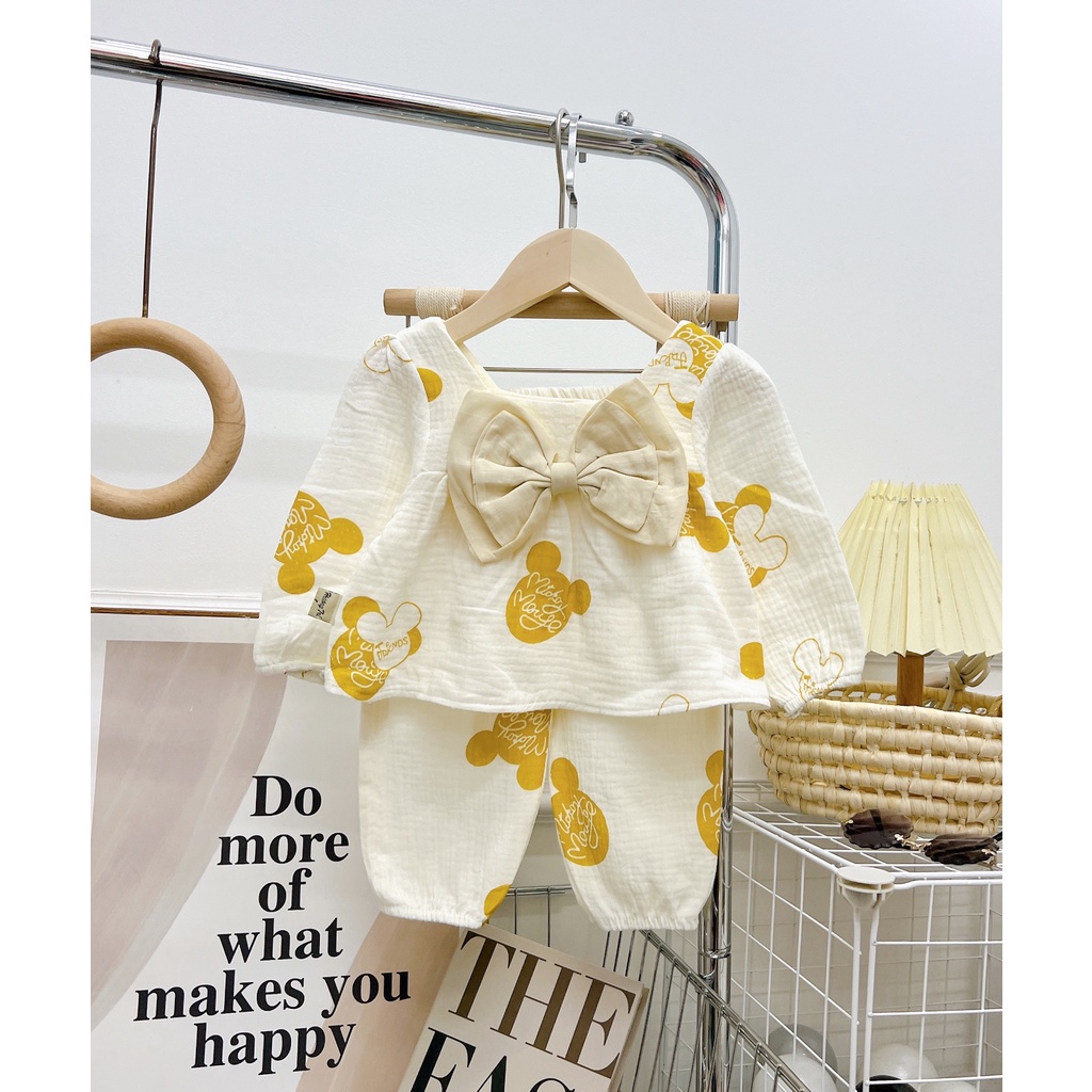 Bộ ngủ thu đông bé gái, bộ musilin dài tay chất organic thấm hút mồ hôi tốt mềm mại với da của bé