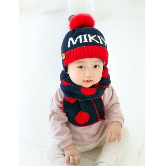 Set mũ nón len MIKIY lót lông kèm khăn choàng dài cho bé TỪ 1-4 tuổi..