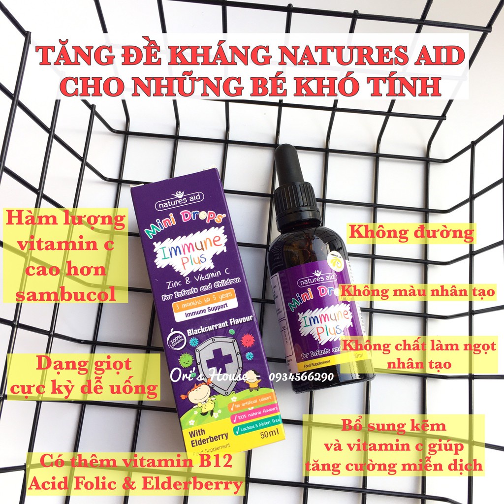 Tăng Sức Đề Kháng Natures Aid Mini Drops Immune Plus 50ml cho bé từ 3 tháng đến 5 tuổi của Anh Quốc