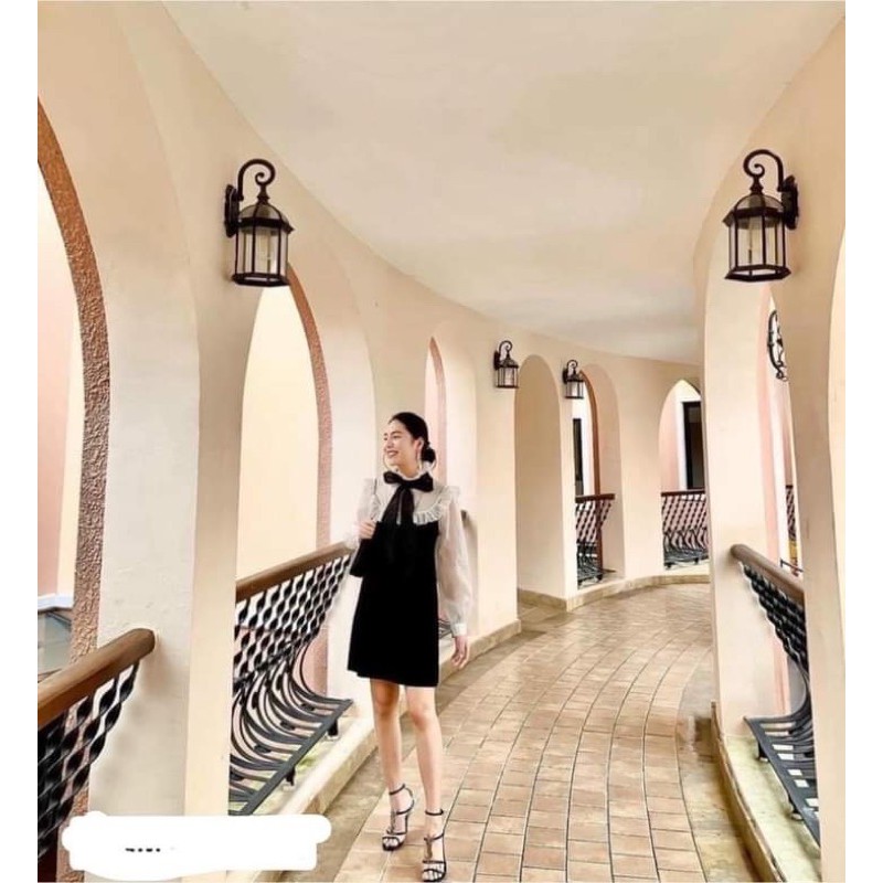 Váy đen nơ trắng pha tay dành cho nữ