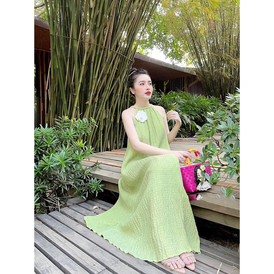 Đầm maxi cổ yếm đính hoa sang chảnh 2 lớp đầm suông thụng nữ HN854